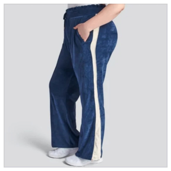 SHAPE Pants - SHAPE Plus Size Blue Velour White Stripe Pants